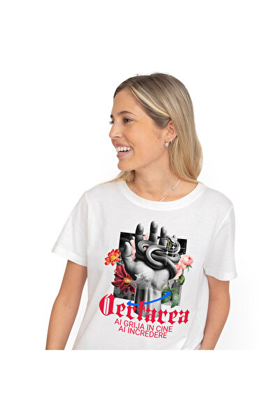 StoryGift Romania Tricou Femei cu Mana Umana Sarpe Periculos Flori Colorate Plante Motivational cu,White_M