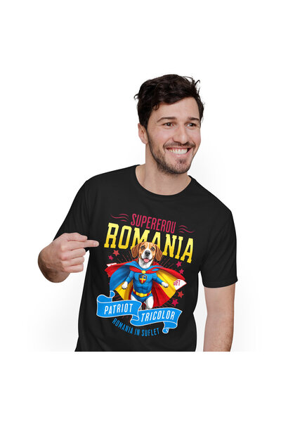 StoryGift Romania Men's T-shirt with boxer Dog in Captain Romania Costume with Cape, Hero of the Night, Black_XS