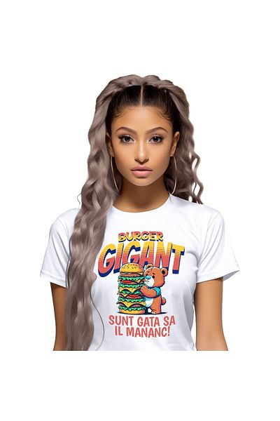 StoryGift Romania Tricou Femei cu Urs De Plus Cu Burger Gigant Fast Food mancare Animal cu imprime,White_M