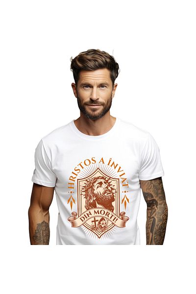 StoryGift Romania Tricou Barbati cu Chip Iisus Hristos Cu Barba Si Par Lung , Paste Sarbatori Pasc,White_M