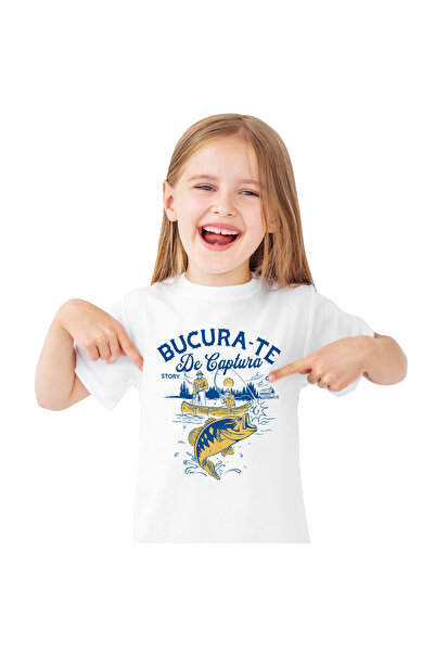 StoryGift Romania Tricou Copii cu Silueta barbati In Barca Pescuit Undita Pes...