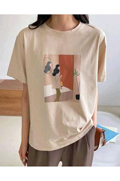 Viyalente Μπλουζάκι Beige Γυναικείο εμπριμέ Oversize