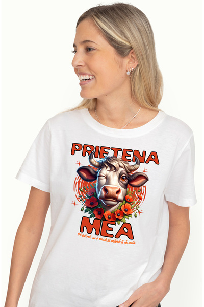 StoryGift Romania Tricou Femei prietena mea vaca prietenie adevarata cu imprimeu pe Fata, 100% Bum WHT_M
