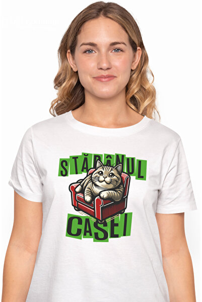 StoryGift Romania Tricou Femei PIsica pe canapea mesaj haios STAPANUL CASEI c...