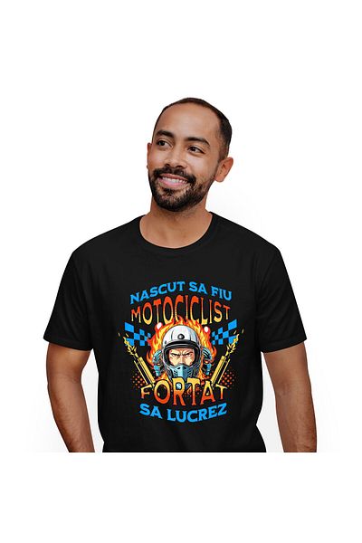 StoryGift Romania Tricou Barbati cu Om Cu Casca Protectie Motor Tobe Esapament Flacari pasiune cu ,Black_S