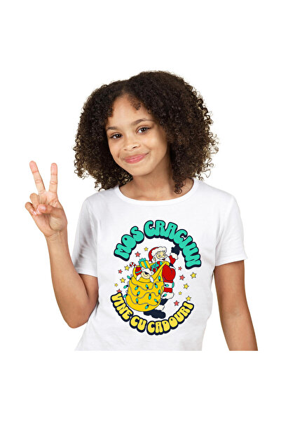 StoryGift Romania Tricou Copii cu Mos craciun Vesel cu Sac Galben Plin De cad...