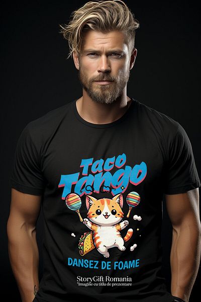 StoryGift Romania Men's T-Shirt with Orange Cat with Tacos Mexican Dance Animal Lovers c,Black_S