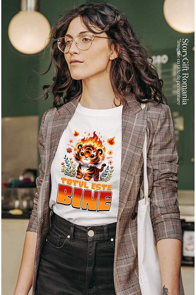 StoryGift Romania Women's T-shirt with Tiger Cub Animated in Flames in Nature Colorful Flowers Cartoons,White_S