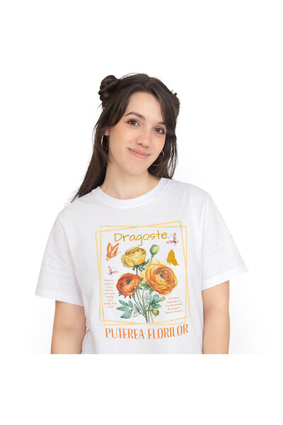 StoryGift Romania Tricou Femei cu Buchet de Flori Colorate Rama, Fluturi Zbur...