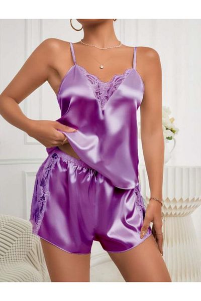 Bleu Petite Satin Fabric Lace Shorts Pajama Set