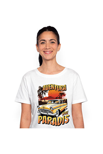 StoryGift Romania Tricou Femei cu Masina Galbena Vintige Insula Tropicala Ave...