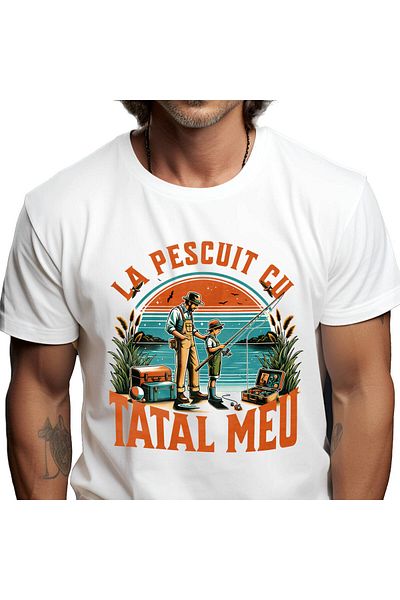 StoryGift Romania Tricou Barbati cu Tata Si Fiu La Pescuit Balta Natura, Peste, Drumetie, Activita,White_L