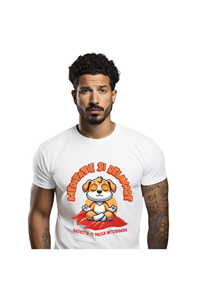 StoryGift Romania Men's T-Shirt with Dog Relaxed Yoga Position, Balance Spiri...