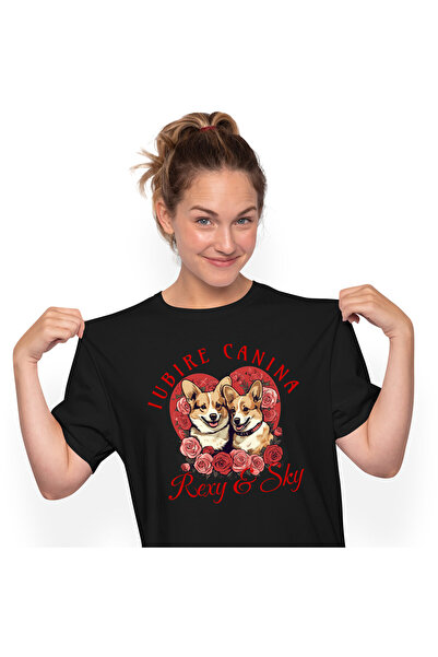 StoryGift Romania Tricou Femei cu Portret Cuplu Valentine's Day Caini Cu Flor...