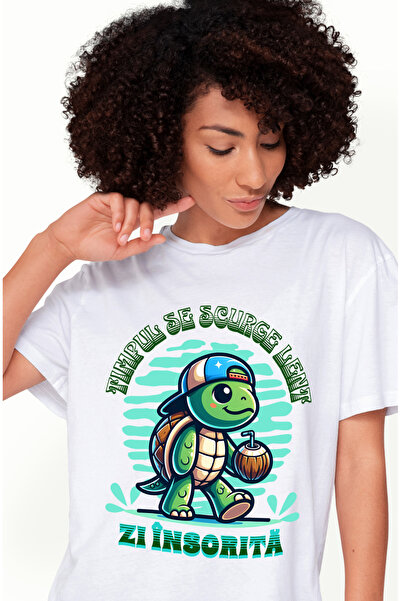 StoryGift Romania Tricou Femei Timpul se scurge lent, zi insorita broasca testoasa cu imprimeu pe WHT_XS