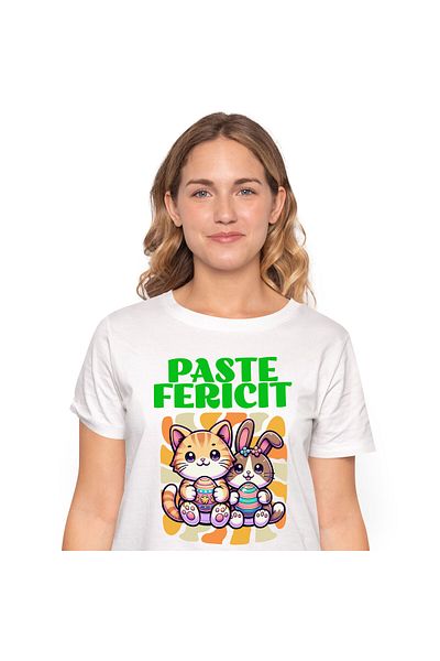 StoryGift Romania Women's T-Shirt with Orange Cat and Rabbit with Colored Eggs Easter Holidays Cop,White_XS