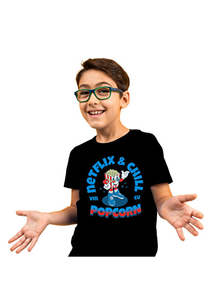 StoryGift Romania Tricou Copii cu Punga Popcorn Cu Ochelari 3D Adidasi albastri Film Cinema Netfli,Black_10ANI