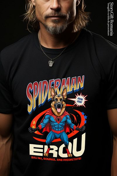 StoryGift Romania Tricou Barbati cu Ciobănesc German / German Shepherd Caine In Costum de SpiderMa,Black_S