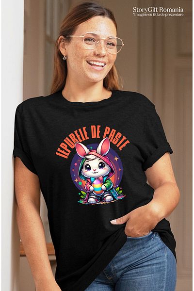 StoryGift Romania Tricou Femei cu Iepure Alb Cu Pelerina Multicolor Si Papion Ou Colorat Sarbatori,Black_M