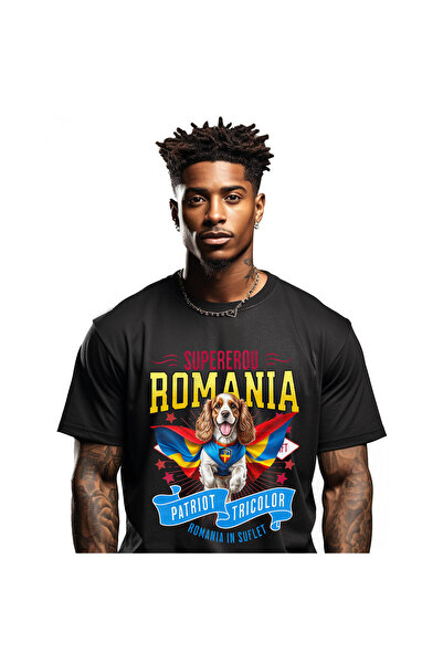 StoryGift Romania Tricou Barbati cu Cocker Spaniel / Cocker Spaniel Caine In Costum de Capitan Rom,Black_L