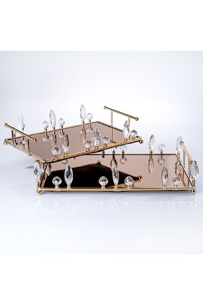 Hinora Crystal Stone Bronze Mirrored Double Rectangular Presentation Tray Stylish Decorative