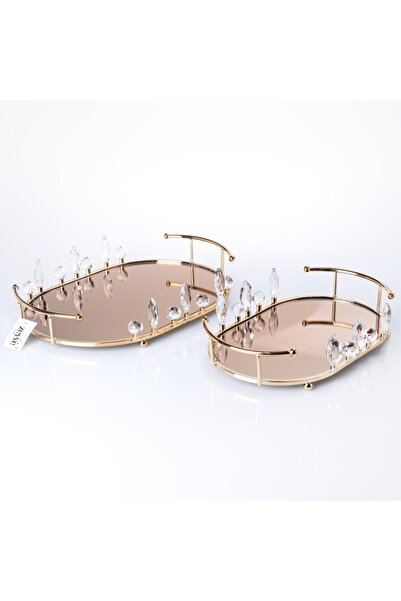 Hinora Crystal Stone Bronze Mirrored Oval Double Tray Set Presentation Holder Stylish Decorative
