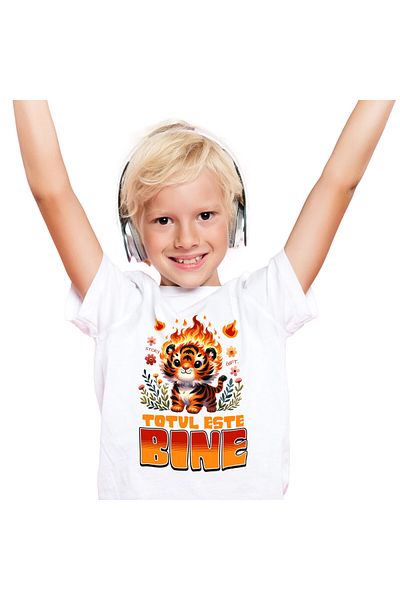 StoryGift Romania Children's T-shirt with Tiger Cub Animated in Flames in Nature Colorful Flowers Cartoons,White_4ANI