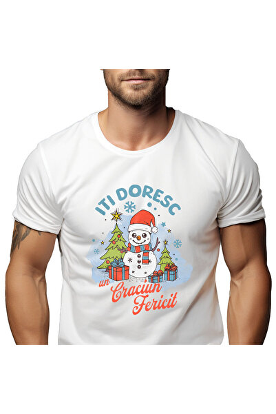 StoryGift Romania Tricou Barbati cu Om De Zapada Vesel Cu Caciula Mos Craciun...