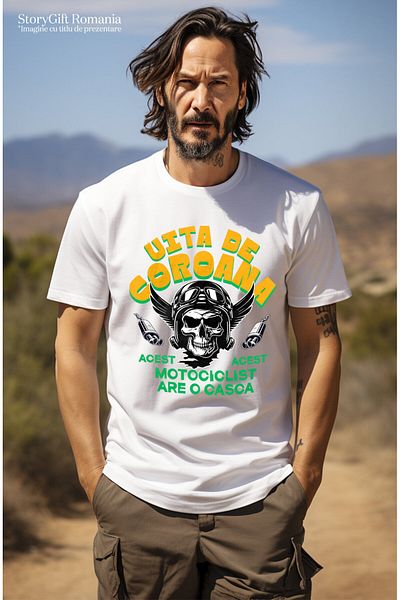 StoryGift Romania Tricou Barbati cu Craniu Uman Cu Aripi De Inger si Casca De Protectie Rege Pe So,White_XS