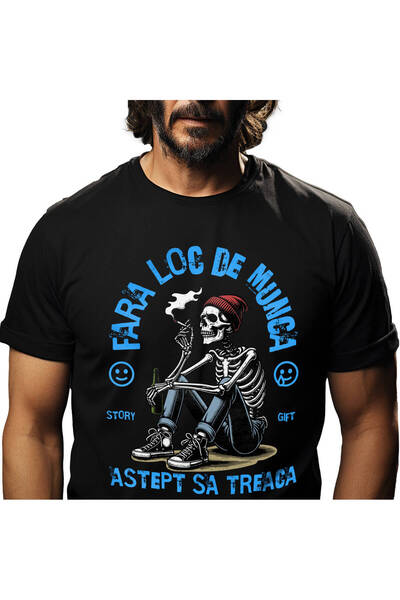 StoryGift Romania Tricou Barbati cu Schelete Uman Cu Tigara Si Bere Munca Oboseala Extenuare cu im,Black_S