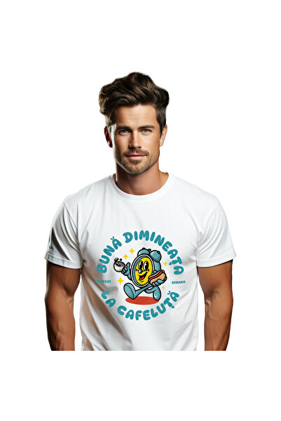 StoryGift Romania Tricou Barbati cu Ceas Mecanic Cu Cafea Si Hot-Dog Buna Dimineata La Cafeluta cu,White_XL