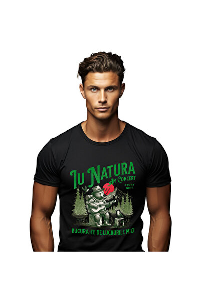 StoryGift Romania Tricou Barbati cu Urs Cantaret Chitara In Padure, Munte Inalt Drumet Rucsac Aven,Black_XL