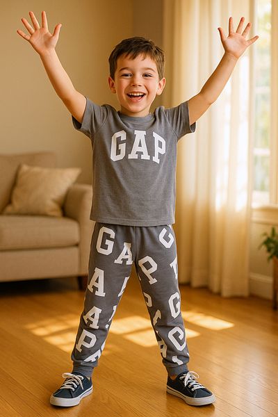 HÇM Boy's Bottom-Up Suit with Text Printed Short Sleeves