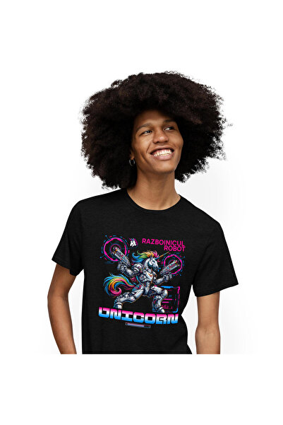 StoryGift Romania Tricou Barbati cu Robot Unicorn Cu arme, Coama multicolor C...