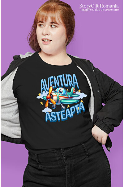 StoryGift Romania Tricou Femei cu Avion Colorat Animat Deasupra norilor, Stele Stralucitoare, Dese,Black_XL