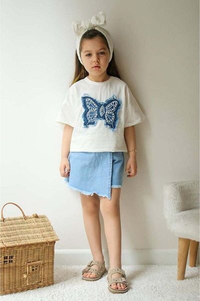 Canlook Girl's Suit with Embroidered Denim Shorts