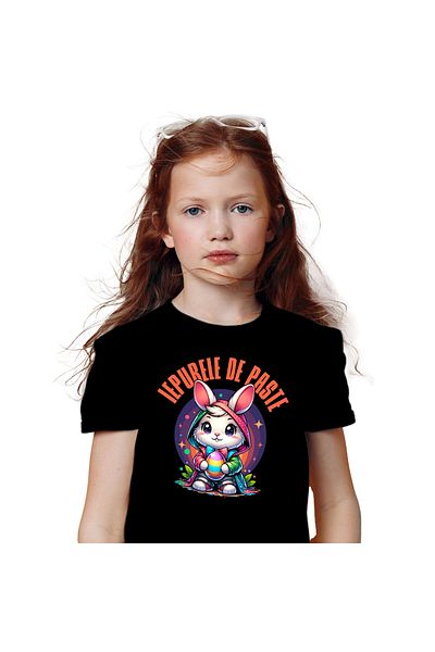 StoryGift Romania Tricou Copii cu Iepure Alb Cu Pelerina Multicolor Si Papion Ou Colorat Sarbatori,Black_12ANI