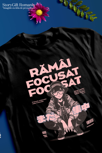 StoryGift Romania Women's T-shirt Stay focused. urban woman anime style drawings with print on the face, BLK_L