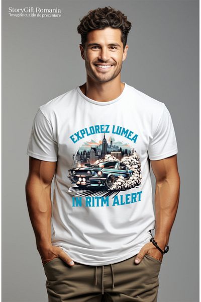 StoryGift Romania Tricou Barbati cu Masina Viteza Tunata Vintige Albastra Oras Cu Cladiri Inalte c,White_L