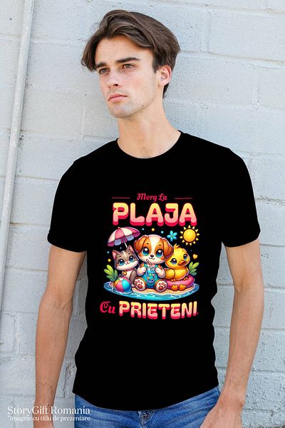 StoryGift Romania Tricou Barbati cu Caine Pisica Si Ratusca Cu Colac Pe Plaja Cu Prietenii, Relaxa,Black_S