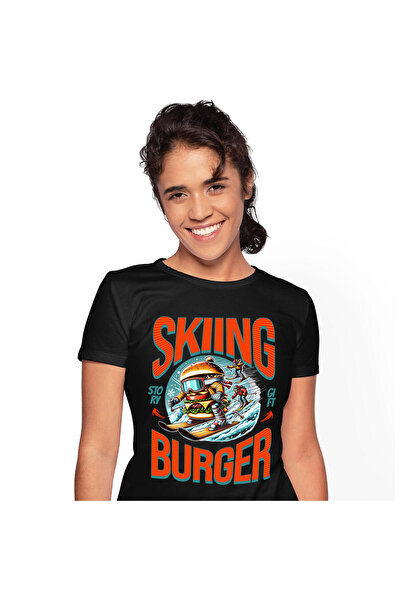 StoryGift Romania Tricou Femei cu Dublu Burger imens Schiuri Pe Partie Cu ochelari De Supereroi Pe,Black_M