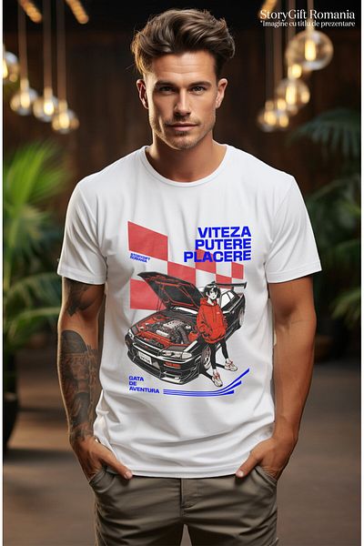 StoryGift Romania Men's T-shirt with Anime Style Girl With Red Hoodie Next to a Powerful Engine Car,White_M
