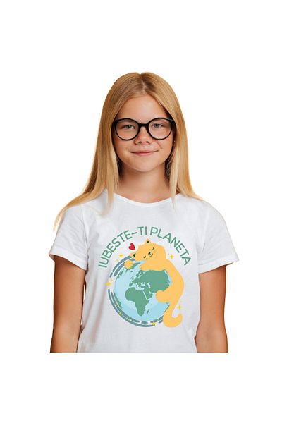 StoryGift Romania Tricou Copii cu Pisica Galbena Imbratisare Planeta Pamant, Animal Blanos cu impr,White_10ANI