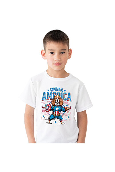 StoryGift Romania Children's T-shirt with Cocker Spaniel Dog in Captain America Costume with Cape, E,White_10ANI