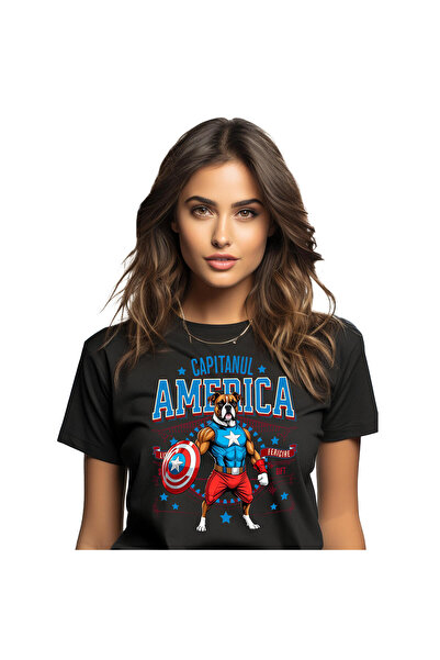 StoryGift Romania Women's T-Shirt with Boxer Dog in Captain America Costume with Cape, Hero Noctu, Black_XS