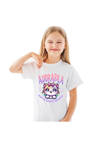StoryGift Romania Tricou Copii cu Pisica Multicolor Cu Funda Si Ochii Straluc...