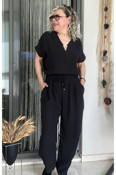 Dila Butik V-Neck Jumpsuit with Drawstring Waist