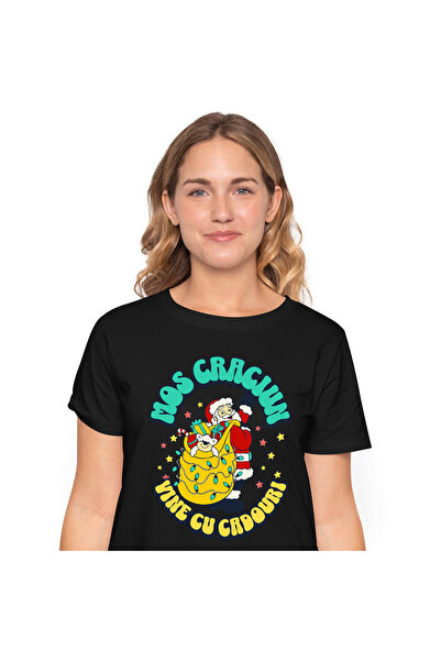 StoryGift Romania Tricou Femei cu Mos craciun Vesel cu Sac Galben Plin De cad...