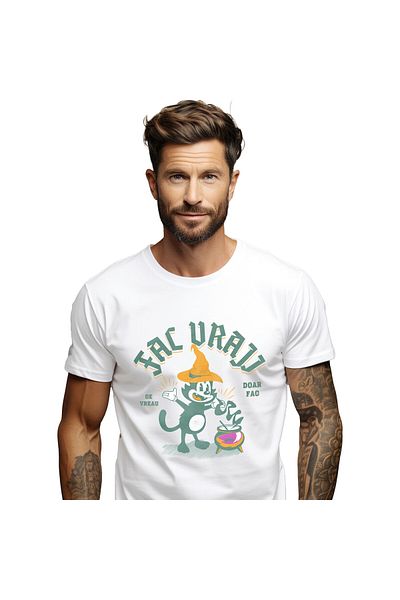 StoryGift Romania Tricou Barbati cu Motan Cu Palarie De Vrajitor Potiune Magica,Vraji Animal Haios,White_M