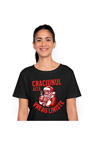 StoryGift Romania Tricou Femei cu Mos craciun Cu Cana Fierbinte,Liniste, Rela...